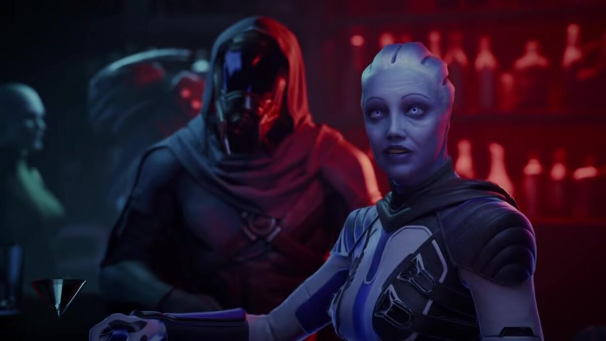 Liara T'Soni at a bar beside a hooded figure in the leaked Mass Effect Universe trailer
