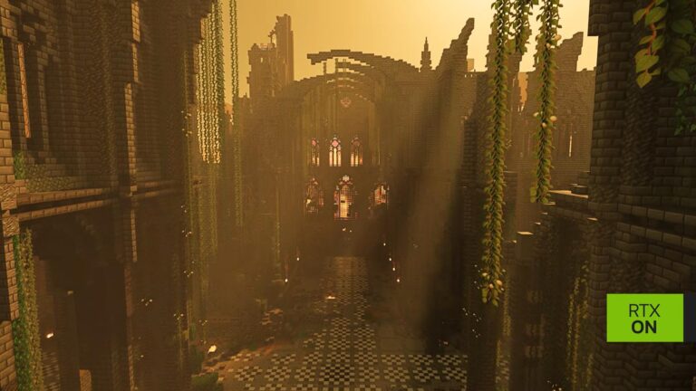 Path-traced sunlight pouring into a ruined cathedral in Minecraft Java Edition with NVIDIA's RTX Remix mod