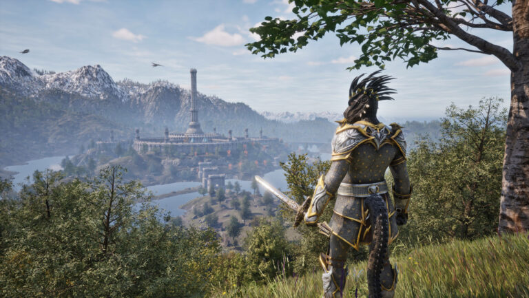 The Elder Scrolls IV: Oblivion Remastered screenshot of the Imperial City seen from a hillside at dawn