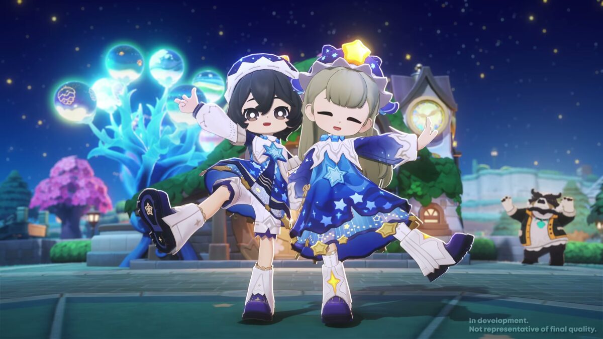 Two Petit Planet characters in matching star outfits posing under a night sky
