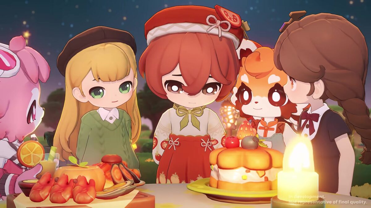 Petit Planet characters and an animal neighbour gathered around a candlelit dinner table at night, from the release date trailer