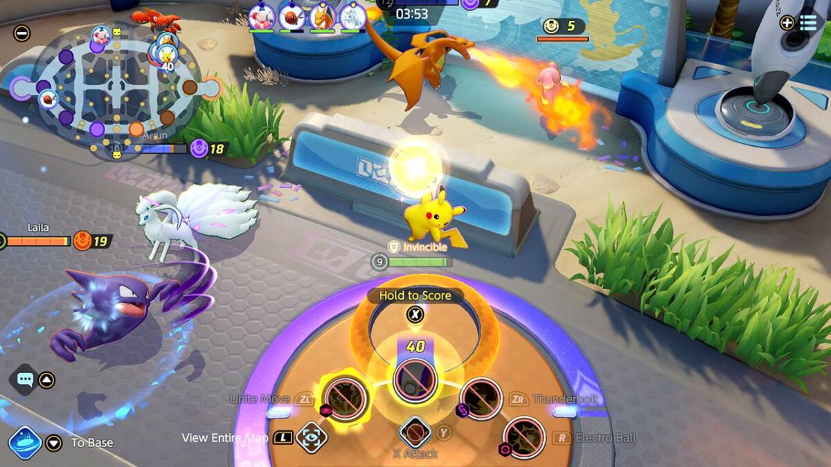 Pikachu and Charizard fight over a goal zone in a Pokémon Unite match, from Nintendo's store page