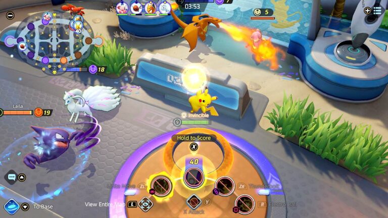 Pikachu and Charizard fight over a goal zone in a Pokémon Unite match, from Nintendo's store page