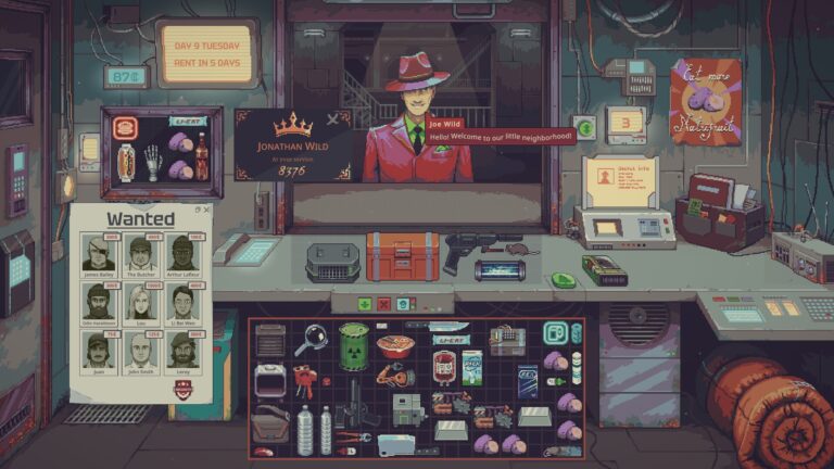 Probably Stolen screenshot of the shop counter with a customer in a red hat and a wanted poster on the wall