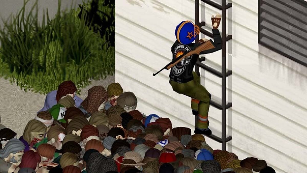 A Project Zomboid survivor climbs a ladder up a building wall while a horde of zombies crowds below