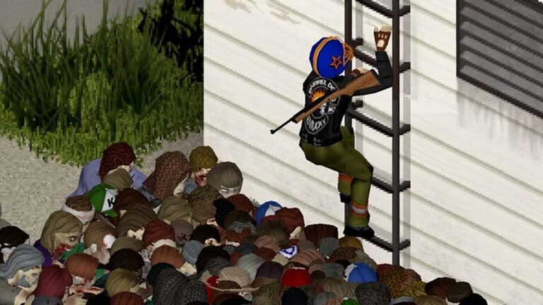 A Project Zomboid survivor climbs a ladder up a building wall while a horde of zombies crowds below