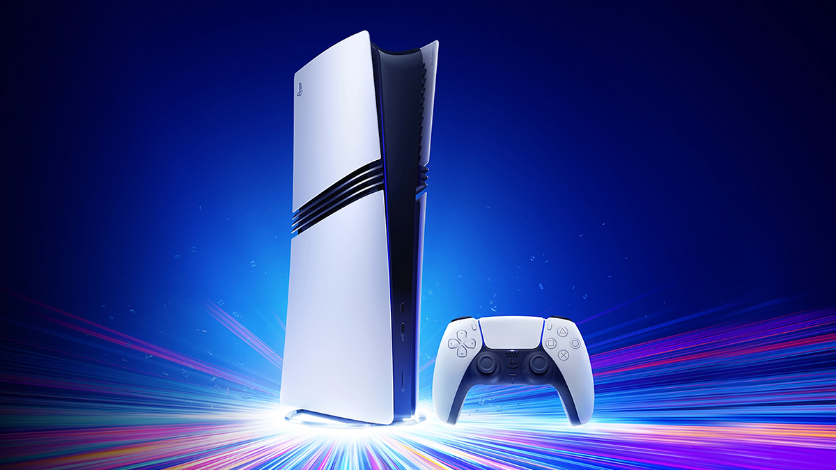 PlayStation 5 Pro console standing upright next to a DualSense controller on a blue background, Sony press image