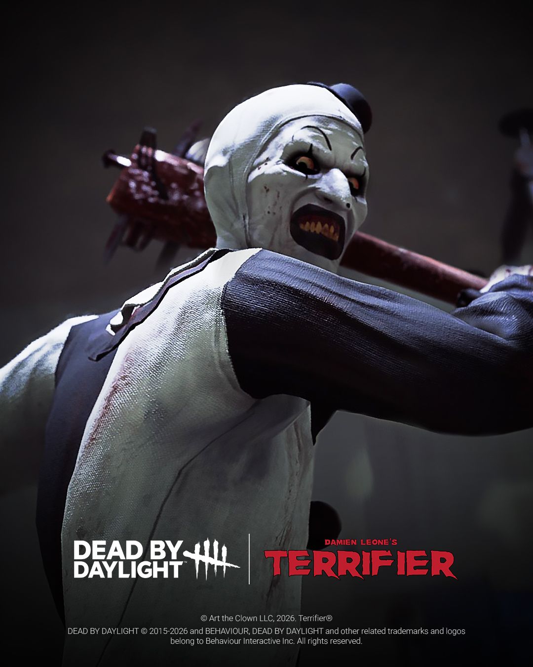 Art the Clown in Dead by Daylight swinging a blood-soaked, nail-studded club, from Behaviour Interactive's October 25 Terrifier teaser