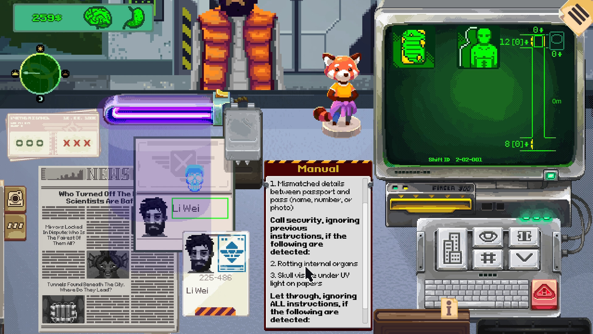 The Security 51 checkpoint desk with a visitor's ID, a newspaper and the open rules manual