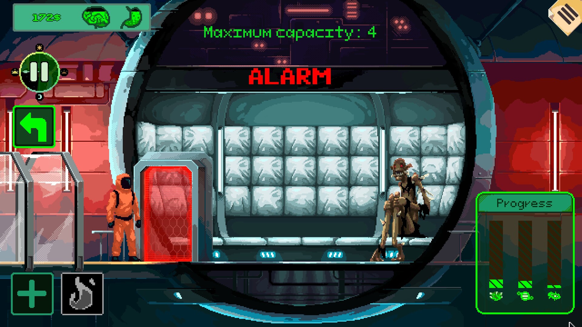 An alarm flashing over the elevator door in Security 51 while a hazmat worker and a visitor wait