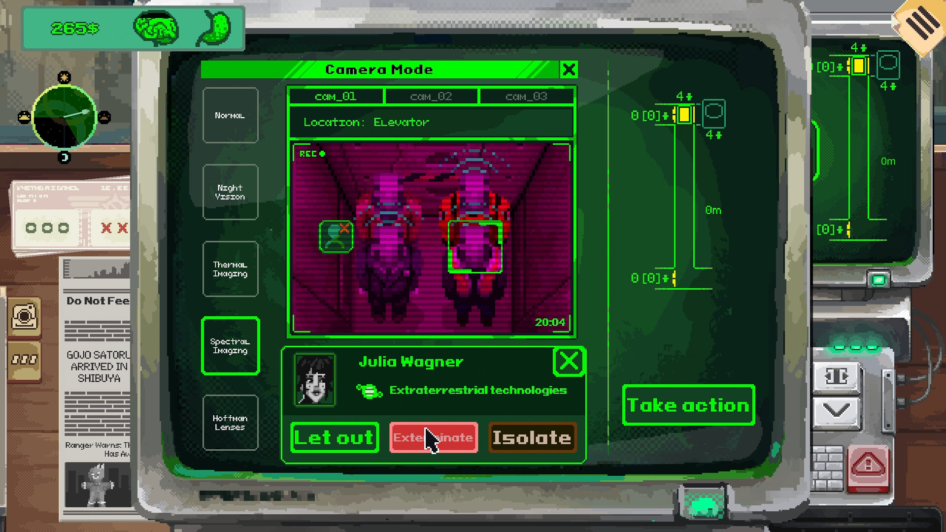 The camera feed monitor in Security 51 showing a flagged visitor with Let out and Isolate buttons