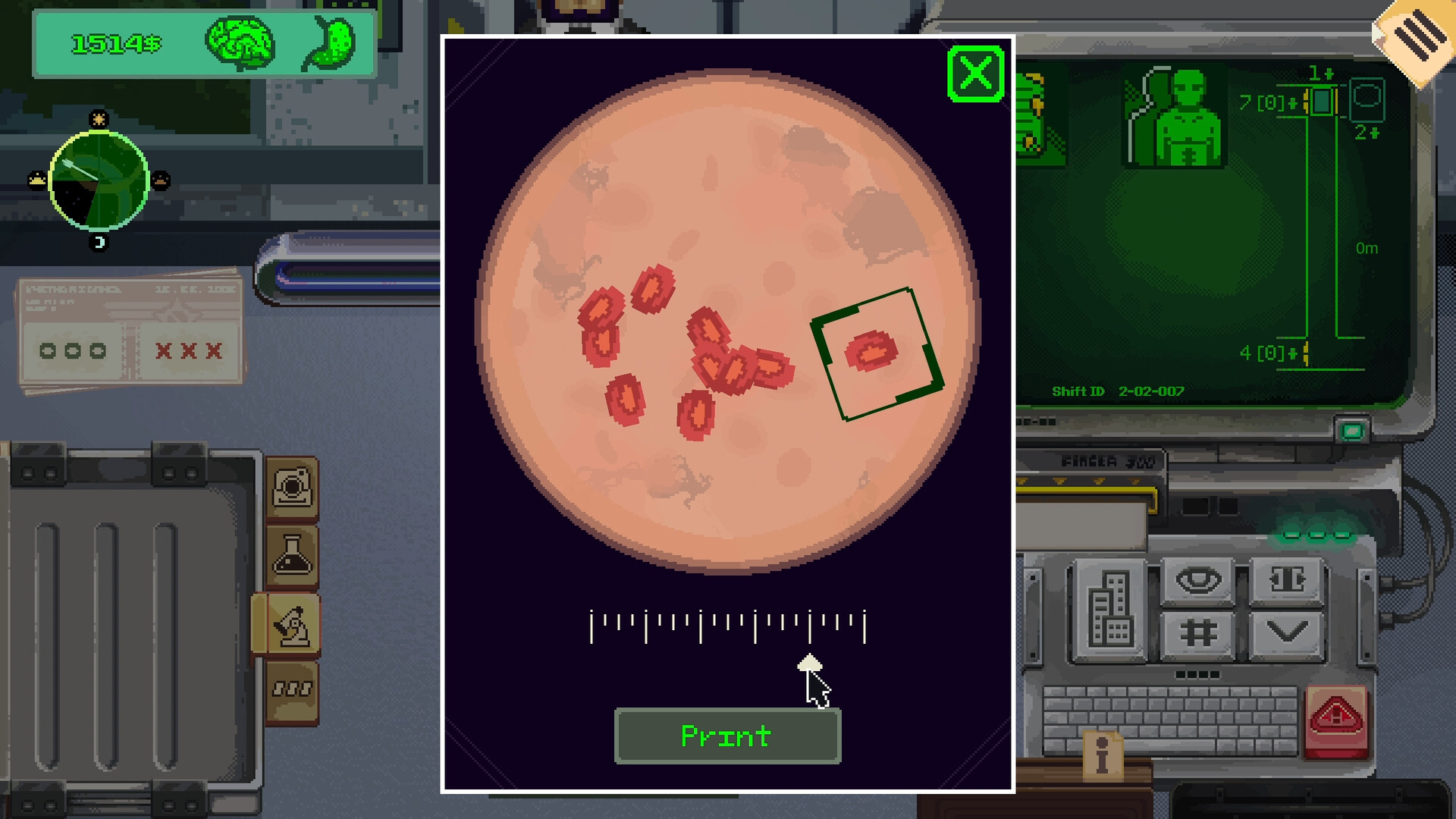 A blood sample under the microscope in Security 51 with a print button below it