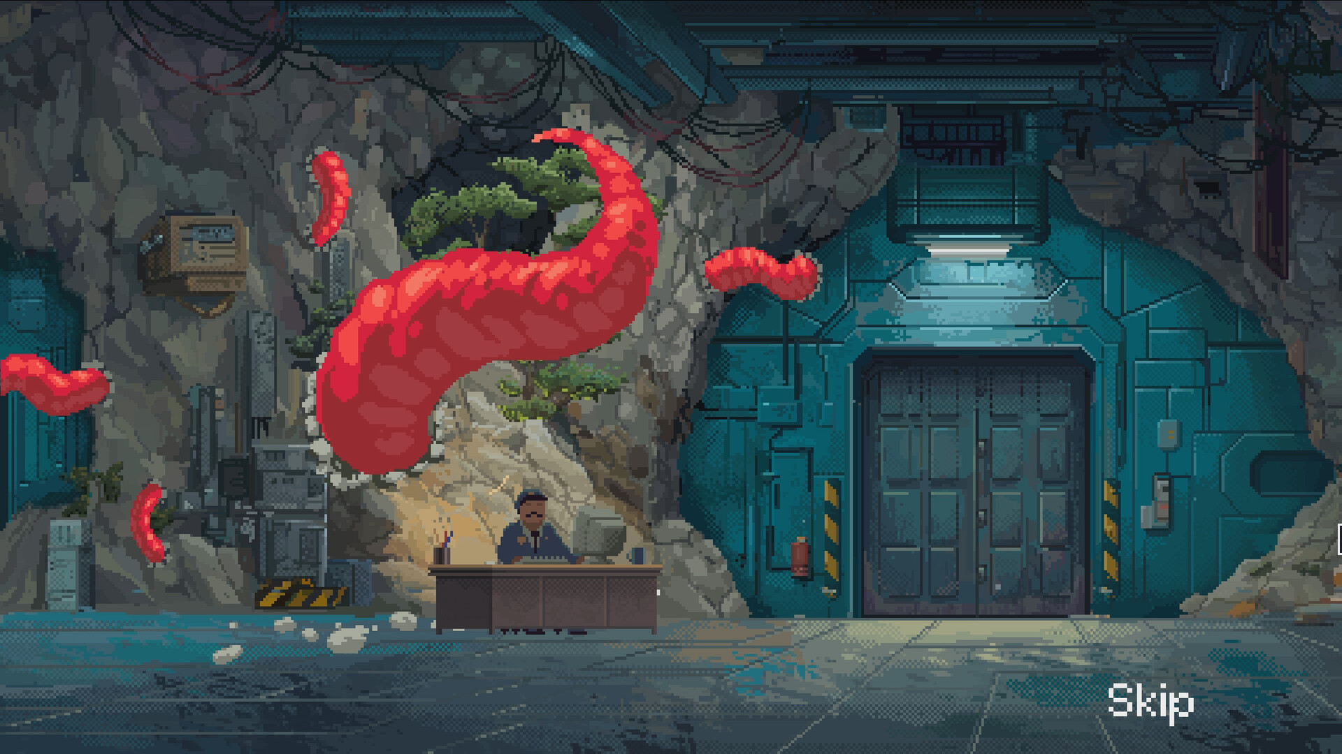Red tentacles reaching past the window of a flooded office in Security 51