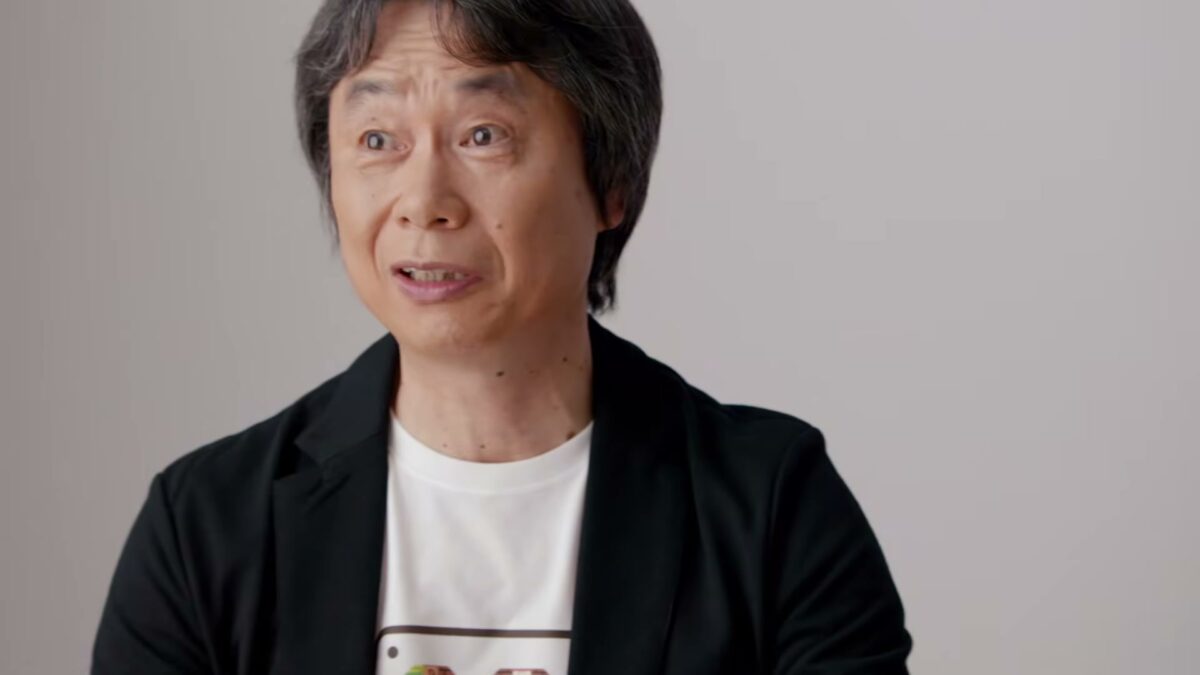 Shigeru Miyamoto smiling during a Nintendo interview for Super Mario Bros.' 30th anniversary