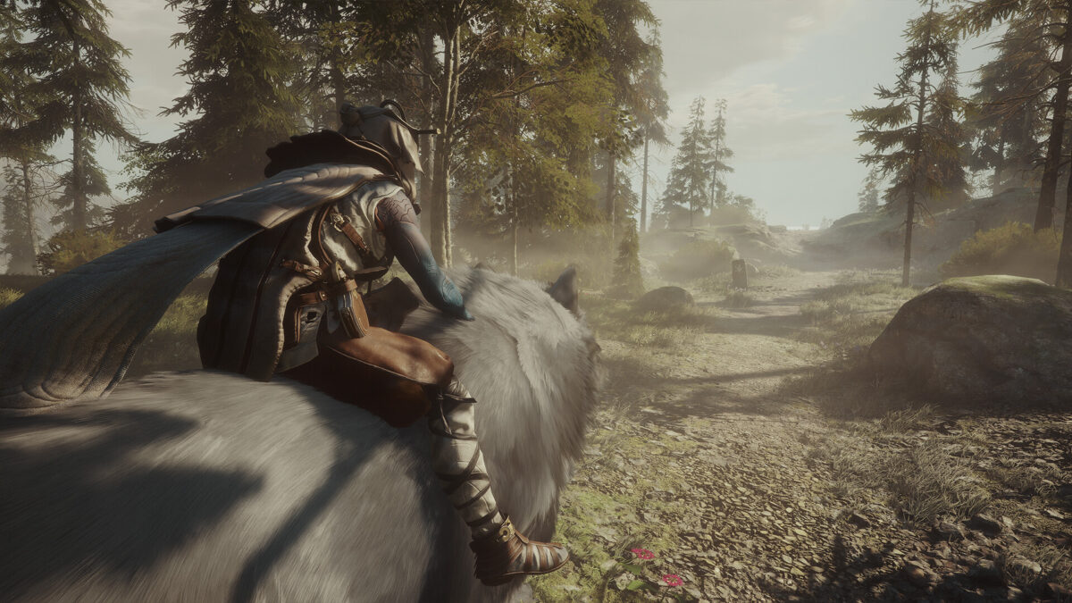 Soulframe Envoy riding a grey Omen Wolf mount along a forest trail