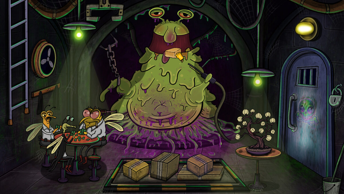 The Space Savory dining room with a huge green blob alien at the bar and smaller customers waiting on stools