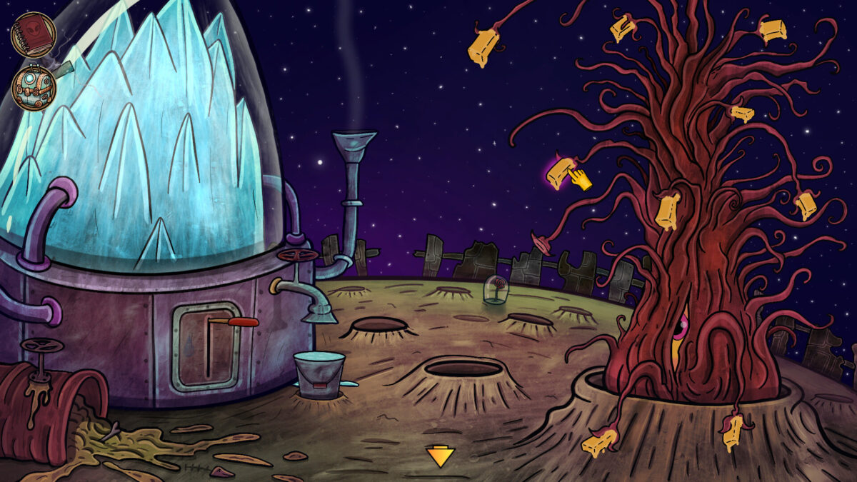 The crashed ship and the diner's frozen dome on a barren alien planet under a starry sky