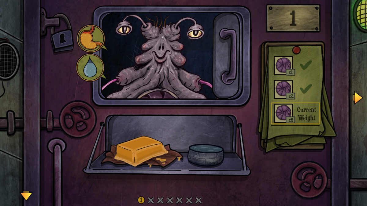 A tentacled alien head in the back-room machine's window next to a weight gauge and a checklist