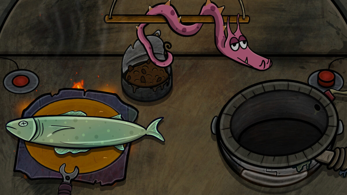 A fish frying in a pan on the stove while pink tentacles hang from a rail above