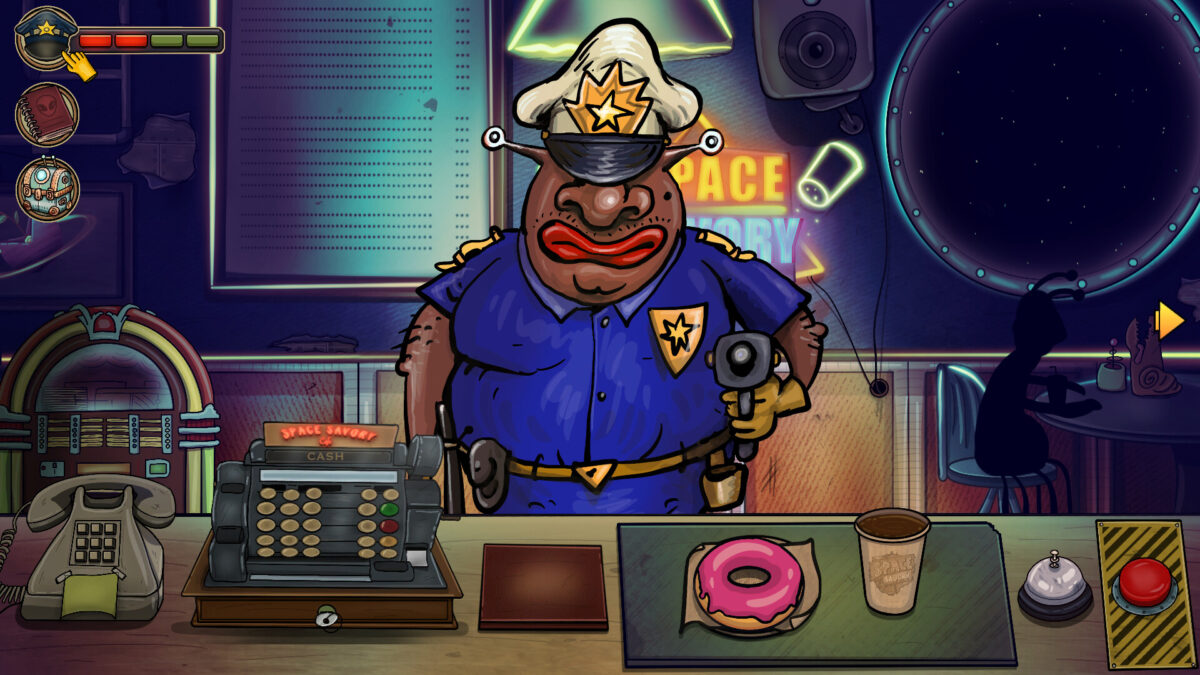 A space police officer in a blue uniform with a raygun leaning on the diner counter next to a donut