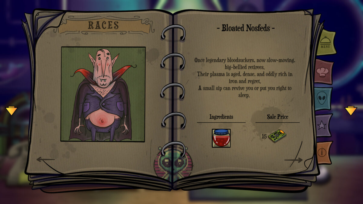 The Races book open on the Bloated Nosfeds page, a pot-bellied vampire alien with its ingredient and sale price