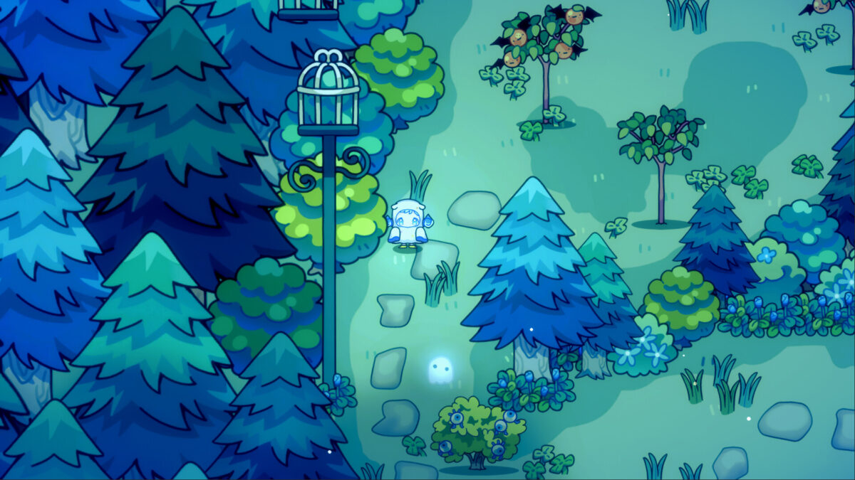 A small ghost chef walking a moonlit forest path between pine trees in the Korean cooking game Spookitchen, whose demo was pulled over AI-clone fears