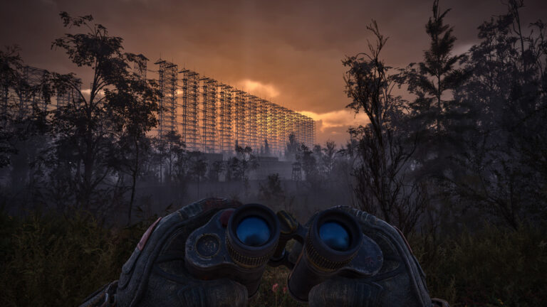 A stalker raises binoculars toward the Duga antenna array at sunset in S.T.A.L.K.E.R. 2: Heart of Chornobyl