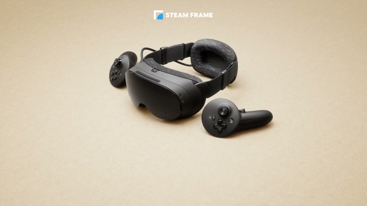 Valve's Steam Frame VR headset and its two controllers on a beige background, from the official Steam Frame trailer