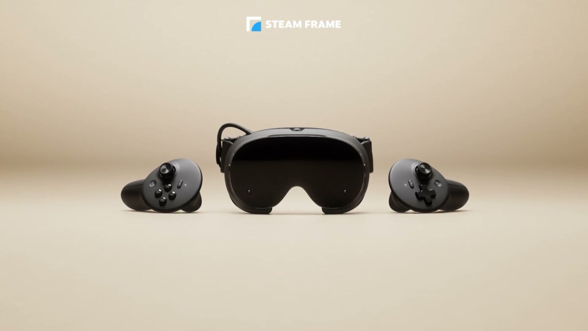 Valve's Steam Frame VR headset seen from the front with a controller either side, from the official Steam Frame trailer
