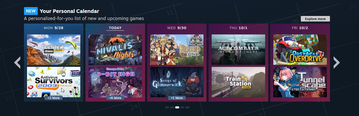 The Your Personal Calendar row on the Steam store homepage, showing recommended games by release day