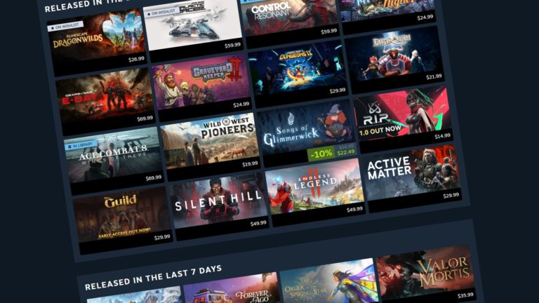Steam Personal Calendar grid of games released in the last month, with wishlist and library labels