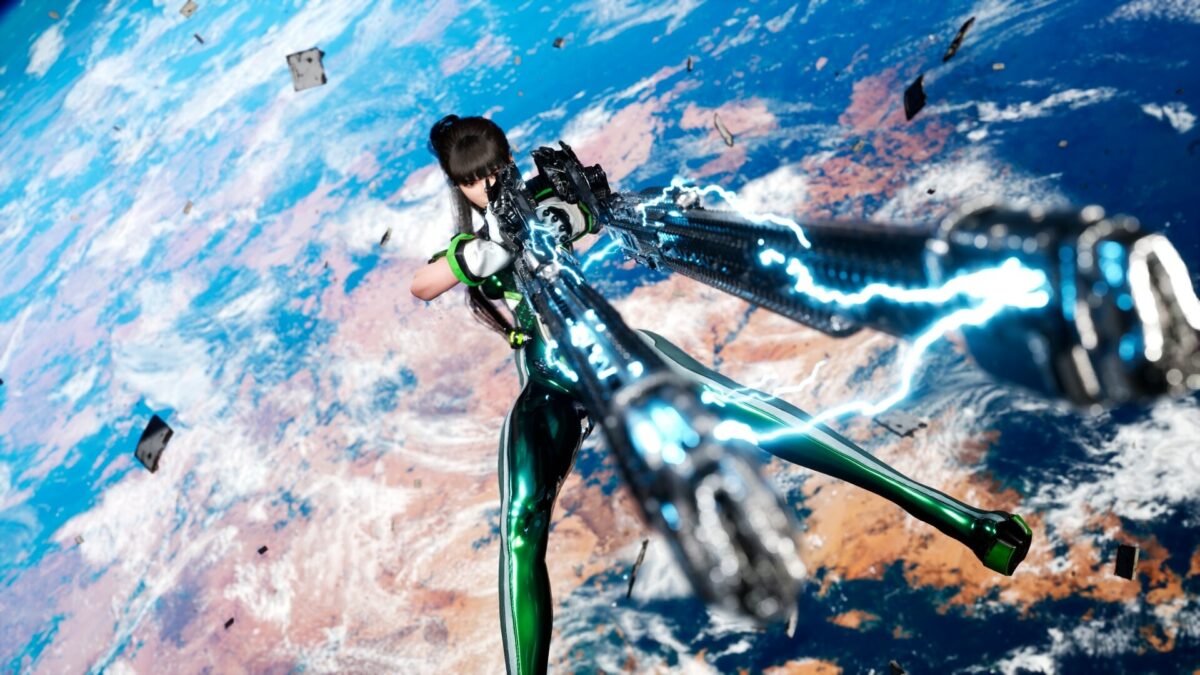 Eve from Stellar Blade aiming her weapon high above the planet
