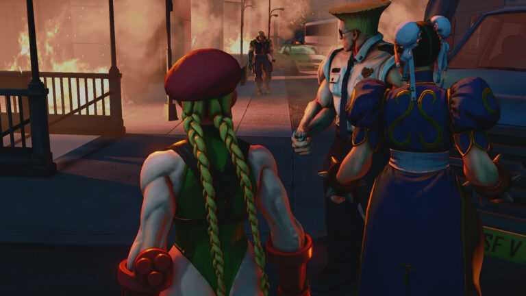 Cammy, Chun-Li and Guile stand together in a Street Fighter V story scene with a burning building behind them