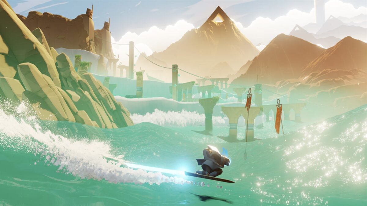 Sword of the Sea screenshot from the Xbox Store listing: the Wraith surfs a turquoise wave on the hoversword toward ruined arches and mountains