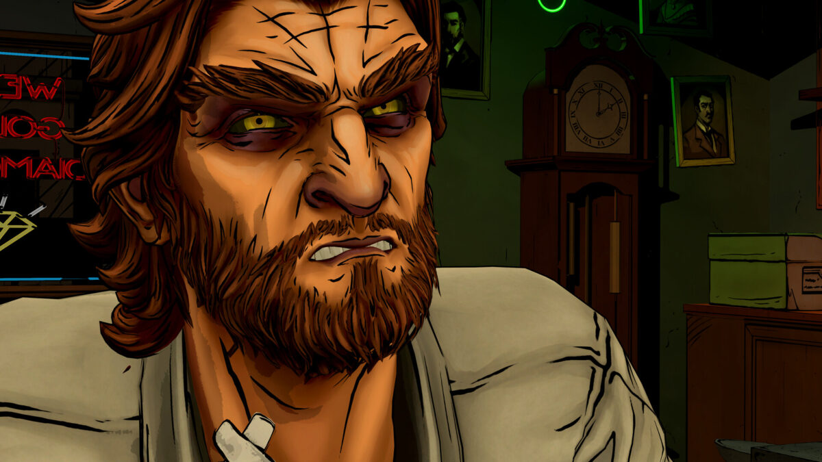 Bigby Wolf, the sheriff of Fabletown, glaring with yellow eyes in The Wolf Among Us Remastered