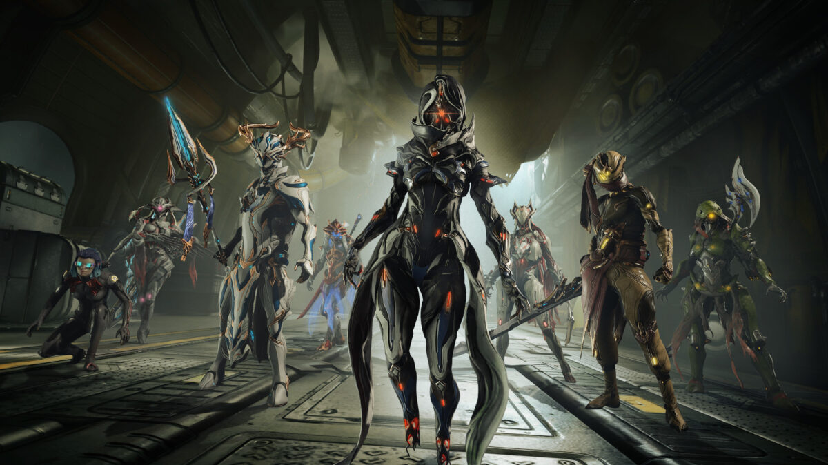 A squad of Warframes walking through a corridor together