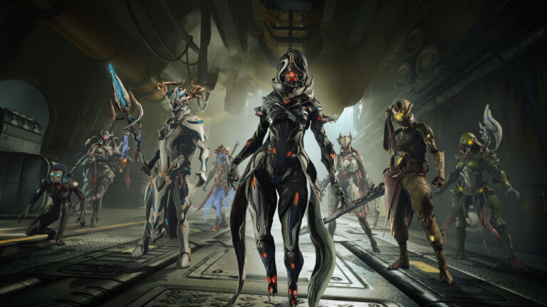 A squad of Warframes walking through a corridor together