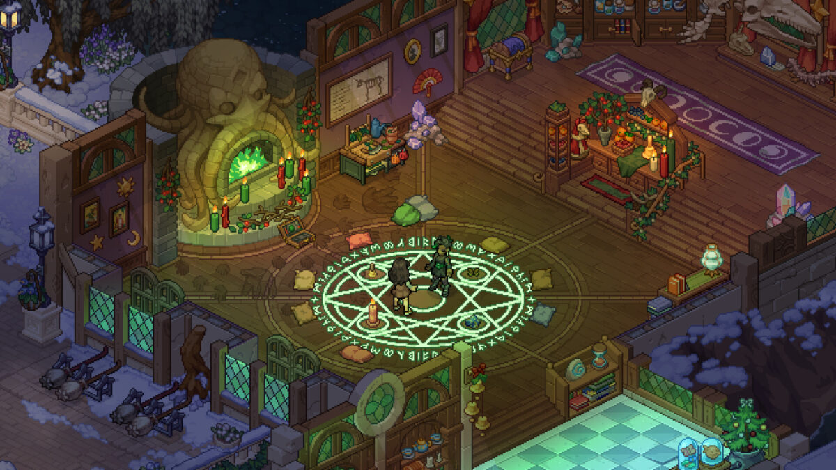 Students gathered around a glowing green magic circle beneath a giant octopus in a Witchbrook College classroom
