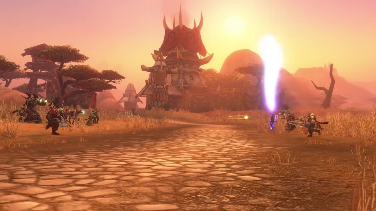 Horde characters charge down a sunlit road in the Barrens in World of Warcraft: Forever's gameplay trailer