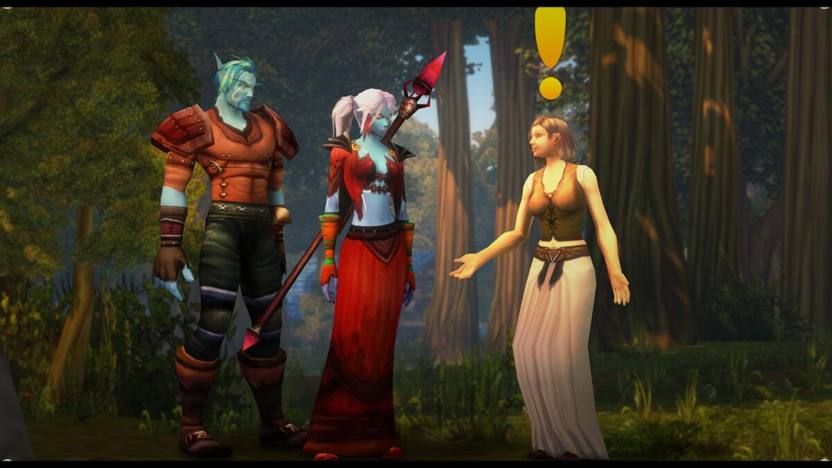 Two World of Warcraft: Forever characters meet a quest giver with a yellow exclamation mark over her head in a sunlit forest