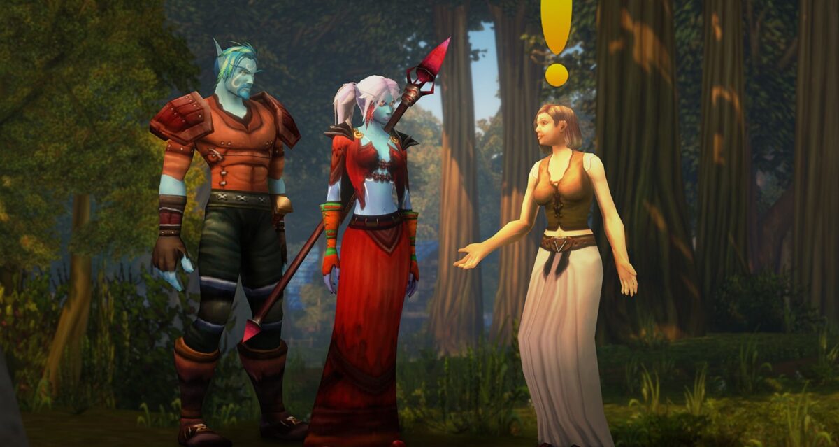 Two World of Warcraft: Forever players in leather and robes listen to a quest giver in a sunlit forest