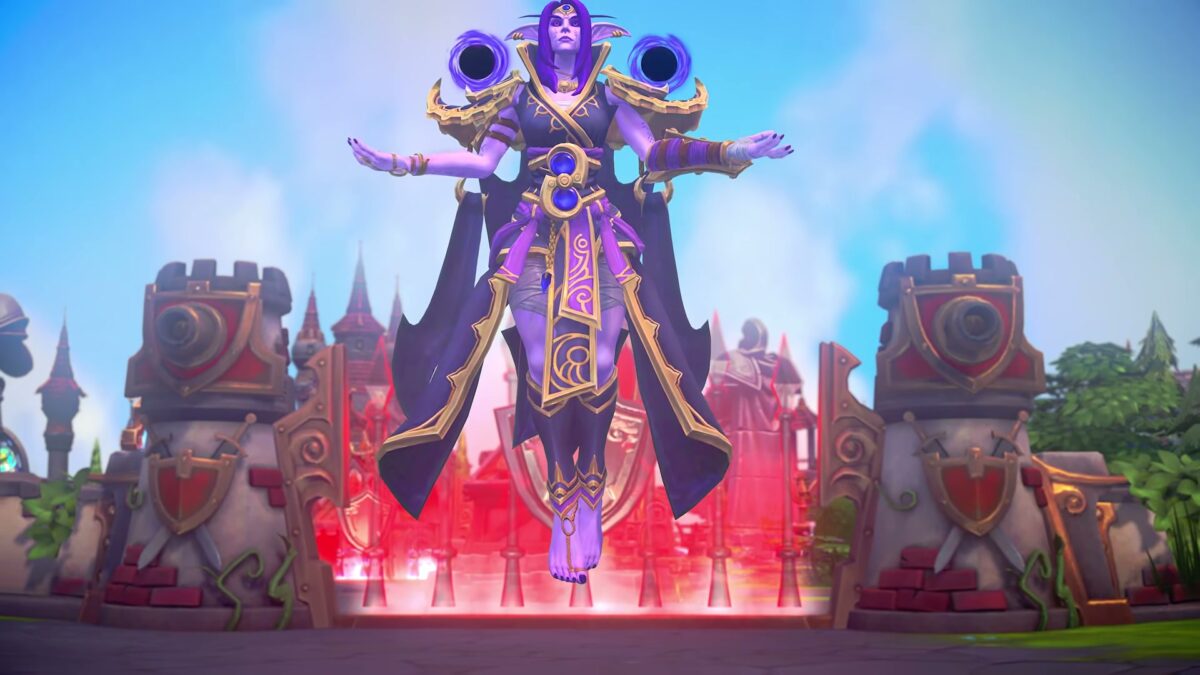 Xal'atath floating in front of a castle gate in Heroes of the Storm