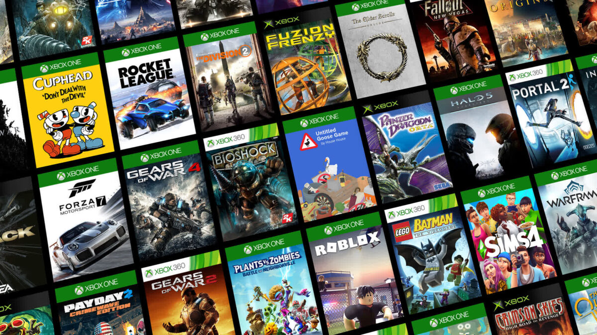 A wall of Xbox game box art from Xbox's backward compatibility page, including Fuzion Frenzy, Panzer Dragoon Orta and Crimson Skies